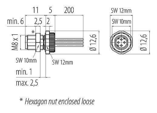 Scale drawing M8 Male panel mount connector, Contacts: 4, unshielded, single wires, IP67, M8x1.0, Rear mounting