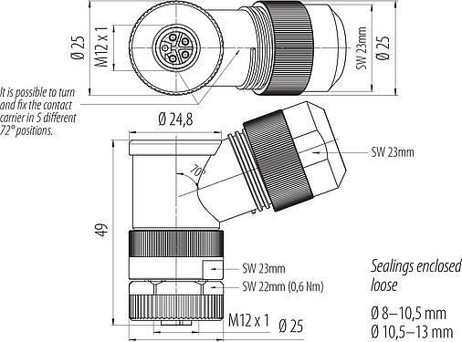 Dibujo a escala M12 Conector hembra en ángulo, Número de contactos: 4+FE, 8,0-13,0 mm, sin blindaje, tornillo extraíble, IP67, UL 2238, M12x1,0, para la fuente de alimentación (potencia)