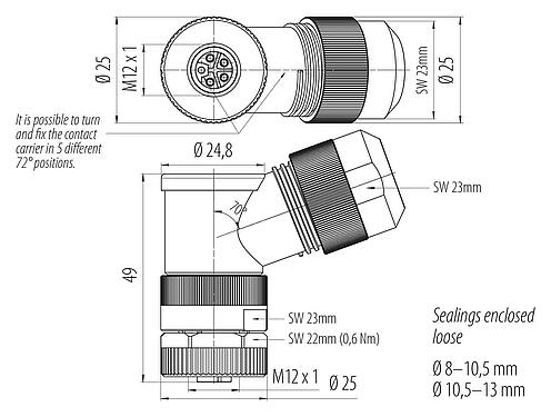 Scale drawing M12 Female angled connector, Contacts: 4+FE, 8.0-13.0 mm, unshielded, screw clamp, IP67, UL 2238, M12x1.0, for the power supply