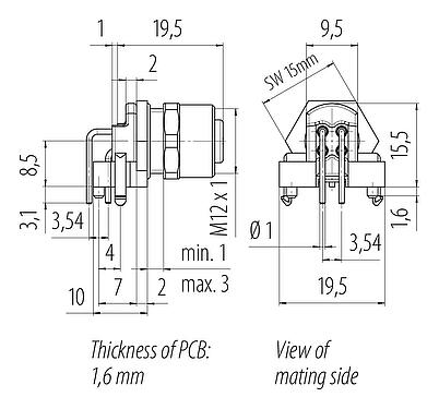 Dibujo a escala M12 Toma de brida, Número de contactos: 4, blindable, THR, IP67, UL 2238, M12x1,0, Montaje en pared