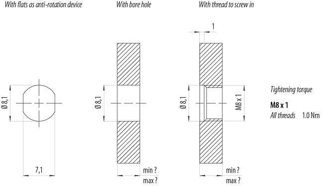 Assembly instructions / Panel cut-out M8 Male panel mount connector, Contacts: 3, solder, IP67/IP69K, M10x0.75, Front mounting, with solder cups