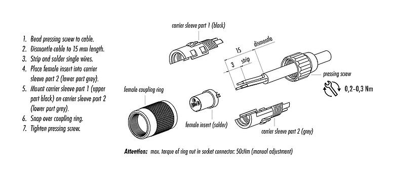 Assembly instructions M9 Female cable connector, Contacts: 3, 3.0-4.0 mm, unshielded, solder, IP40