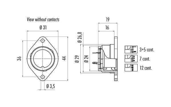 Scale drawing Bayonet Female panel mount connector, Contacts: 7, unshielded, solder, IP40, Front mounting