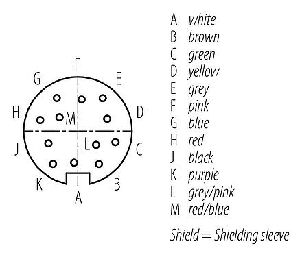 Contact arrangement (Plug-in side) M16 Female cable connector, Contacts: 12, shielded, moulded on the cable, IP67, PUR, black, 12 x 0.25 mm², 2 m