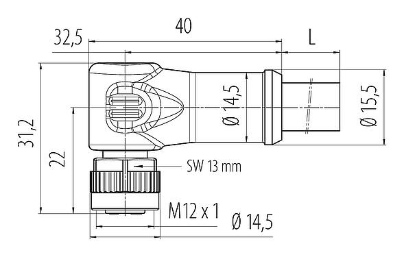 Dibujo a escala 77 0634 0000 50704-0500 - M12 Conector hembra en ángulo, Número de contactos: 4, sin blindaje, moldeado en el cable, IP68, UL, PUR, negro, 4 x 1,50 mm², 5 m