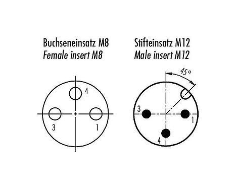 Disposition des contacts (Côté plug-in) M12/M8 Adaptateur, Contacts: 3, non blindé, enfichable, IP67