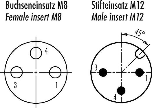 Disposition des contacts (Côté plug-in) M12/M8 Adaptateur, Contacts: 3, non blindé, enfichable, IP67