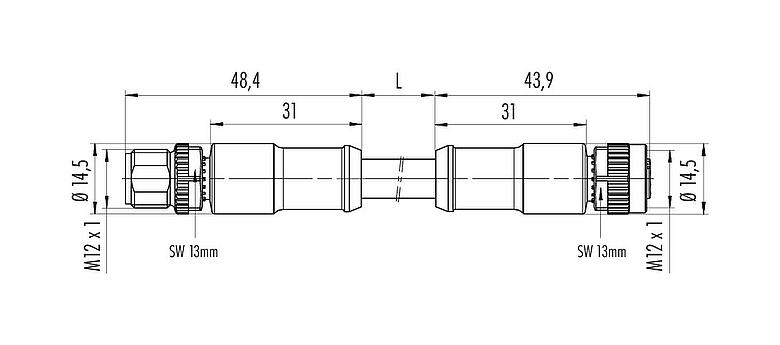 Scale drawing M12 Male cable connector - female cable connector, Contacts: 4, unshielded, moulded on the cable, IP68, PUR, black, 4 x 1.50 mm², 5 m