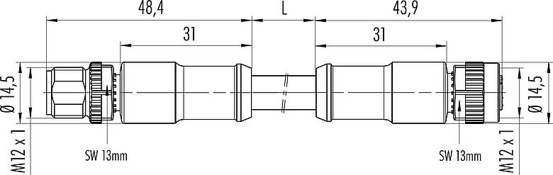 Dessin coté M12 Connecteur mâle - connecteur femelle, Contacts: 4, non blindé, surmoulé sur le câble, IP68, PUR, noir, 4 x 1,50 mm², 5 m