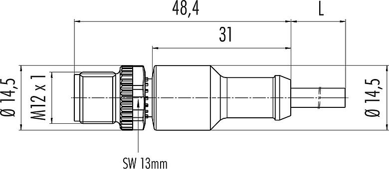 Dessin coté M12 Connecteur mâle, Contacts: 5, non blindé, surmoulé sur le câble, IP68/IP69K, PUR, noir, 5 x 0,34 mm², pour les applications de soudage, 2 m