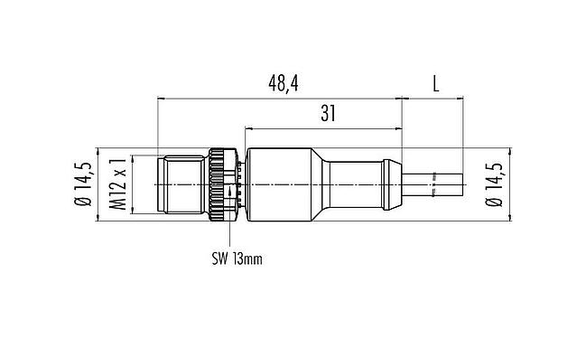 Scale drawing M12 Male cable connector, Contacts: 4, unshielded, moulded on the cable, IP68/IP69K, UL 2238, PUR, orange, 4 x 0.34 mm², for welding applications, 5 m