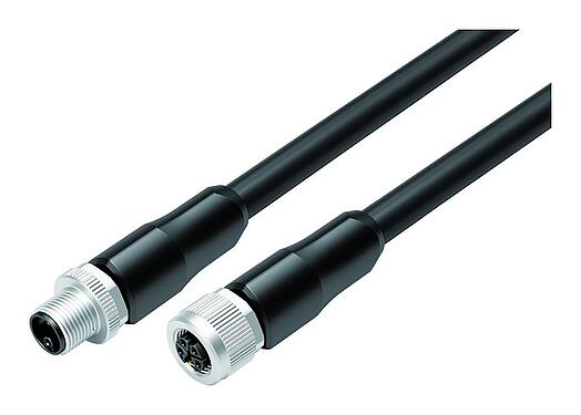 Ilustración M12 Conector de cable macho - conector de cable hembra, Número de contactos: 4+PE, sin blindaje, moldeado en el cable, IP68, UL 2238, PUR, negro, 5 x 2,50 mm², UL en preparación, 5 m