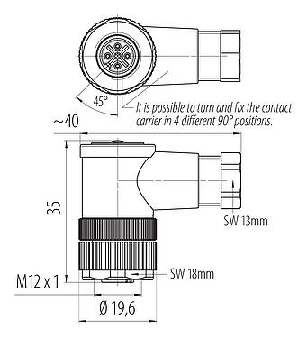 Dessin coté M12 Connecteur femelle coudé, Contacts: 4, 4,0-6,0 mm, non blindé, pince à visser, IP67, UL 2238