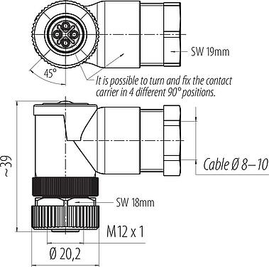 Dibujo a escala M12 Conector hembra en ángulo, Número de contactos: 3+PE, 8,0-10,0 mm, sin blindaje, tornillo extraíble, IP67, UL 2238, VDE