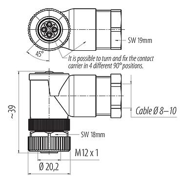 Dibujo a escala M12 Conector hembra en ángulo, Número de contactos: 3+PE, 8,0-10,0 mm, sin blindaje, tornillo extraíble, IP67, UL 2238, VDE