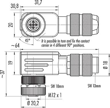 Dessin coté M12 Connecteur femelle coudé, Contacts: 5, 5,0-8,0 mm, blindable, pince à visser, IP67, UL 2238