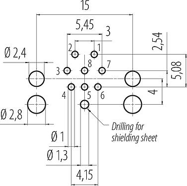 Conductor layout M12 Male angled panel mount connector, Contacts: 8, shieldable, THR, IP68, UL 2238, Rear mounting, for PCB assembly