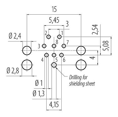 Conductor layout 99 3481 601 08 - M12 Male angled panel mount connector, Contacts: 8, shieldable, THR, IP68, UL 2238, for PCB assembly
