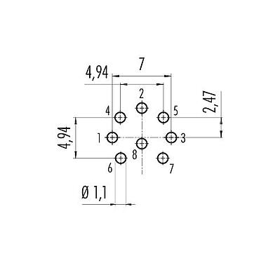Conductor layout 09 0474 99 08 - M16 Female panel mount connector, Contacts: 8 (08-a), unshielded, THT, IP40, front fastened