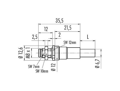 Dessin coté M8 Embase mâle, Contacts: 4, blindé, assemblés avec câble, IP67, M8x1,0, Ethernet, PUR, vert, 4 x AWG 22, Montage mural arrière, coulé, 0,5 m