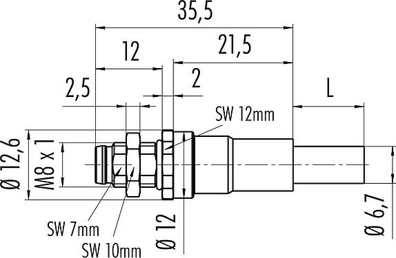 Dessin coté M8 Embase mâle, Contacts: 4, blindé, assemblés avec câble, IP67, M8x1,0, Ethernet, PUR, vert, 4 x AWG 22, Montage mural arrière, coulé, 0,5 m