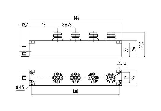 Dibujo a escala Snap-In Distribuidor de 4 vías, Número de contactos: 3, sin blindaje, enchufable, IP67