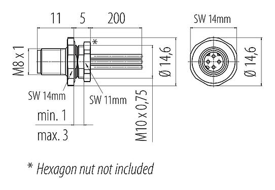 Dibujo a escala M8 Enchufe de brida, Número de contactos: 4, sin blindaje, hilos, IP67, M8x1,0, Montaje frontal