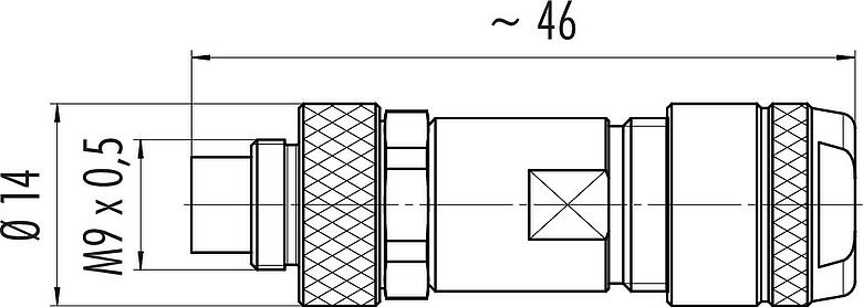 Dibujo a escala M9 Conector de cable macho, Número de contactos: 4, 4,0-5,5 mm, blindable, soldadura, IP67, Pluma de iris