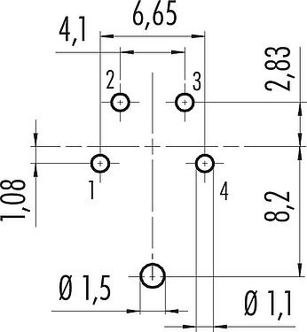 Conductor layout M16 Female panel mount connector, Contacts: 4 (04-a), shieldable, THT, IP67, UL 2238, M18x0,75, Rear mounting