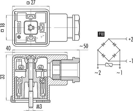 Schémas d’affectation des broches Embase femelle pour appareils, Contacts: 2+PE, 6,0-8,0 mm, non blindé, pince à visser, IP40 sans joint, PG 9, Circuit P10