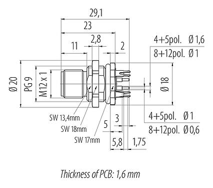 Scale drawing M12 Male panel mount connector, Contacts: 8, shieldable, THT, IP68, UL 2238, PG 9, Rear mounting, potted