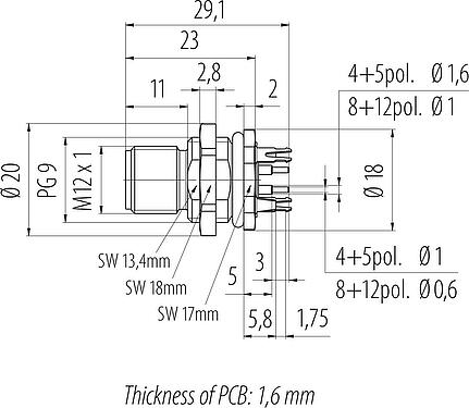 Scale drawing M12 Male panel mount connector, Contacts: 5, shieldable, THT, IP68, UL 2238, PG 9, Rear mounting, potted