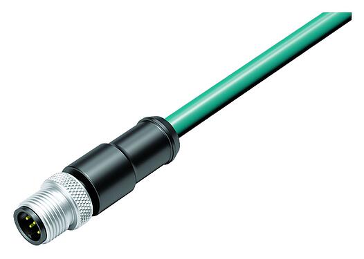 Illustration M12 Male cable connector, Contacts: 8, shielded, moulded on the cable, IP67, Ethernet CAT5e, TPE, teal, 4 x 2 x AWG 24, 3 m