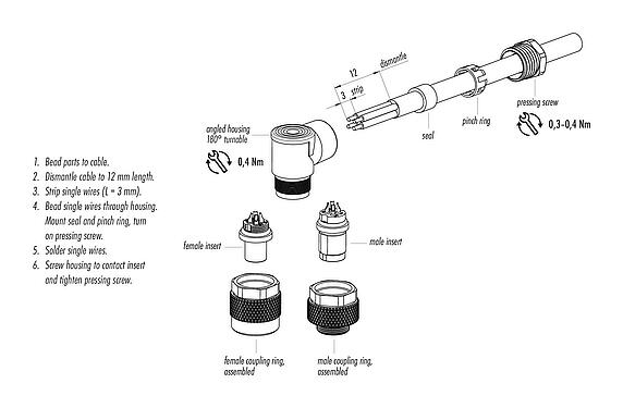 Assembly instructions M9 Male angled connector, Contacts: 7, 3.5-5.0 mm, unshielded, solder, IP67
