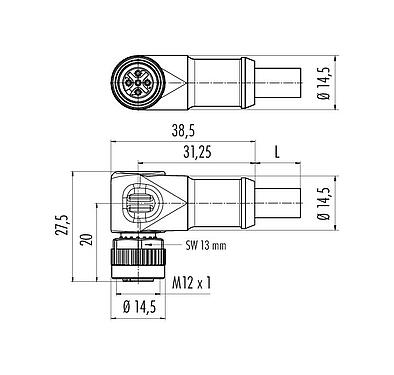 Scale drawing 77 2534 0000 50705-1000 - M12 Female angled connector, Contacts: 5, shielded, moulded on the cable, IP67, CAN-Bus, PUR, violet, 1 x 2 x AWG 22 + 1 x 2 x AWG 24, 10 m