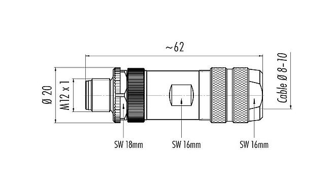 Scale drawing M12 Male cable connector, Contacts: 12, 8.0-10.0 mm, shieldable, solder, IP67, UL 2238, with shielding ring