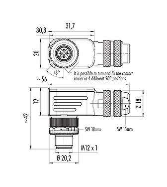 Scale drawing M12 Male angled connector, Contacts: 4, 4.0-6.0 mm, shieldable, wire clamp, IP67, with shielding ring