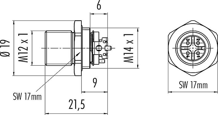 Scale drawing M12 Male panel mount connector, Contacts: 4, shieldable, SMT, IP67, M14x1.0, Rear mounting
