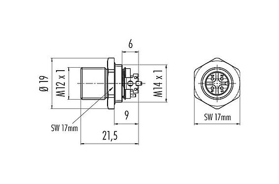 Dessin coté M12 Embase mâle, Contacts: 4, blindable, SMT, IP67, M14x1,0, Montage mural arrière