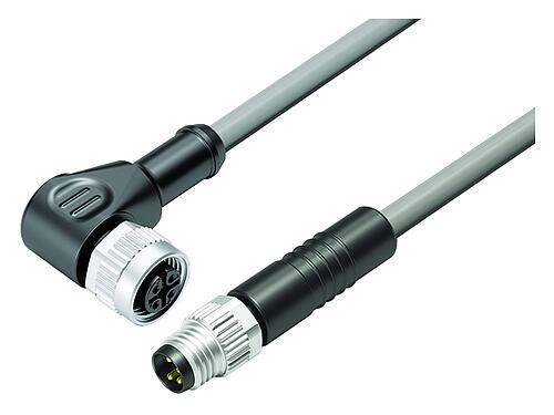 Illustration M12/M8 Connecteur mâle - connecteur d‘angle femelle, Contacts: 4, non blindé, surmoulé sur le câble, IP67/IP69K, UL 2238, PVC, gris, 4 x 0,34 mm², 0,6 m