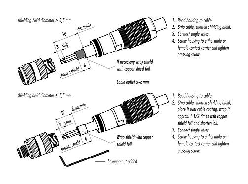 Assembly instructions M8 Female cable connector, Contacts: 4, 5.0-8.0 mm, shieldable, screw clamp, IP67, M8x1.0, iris spring