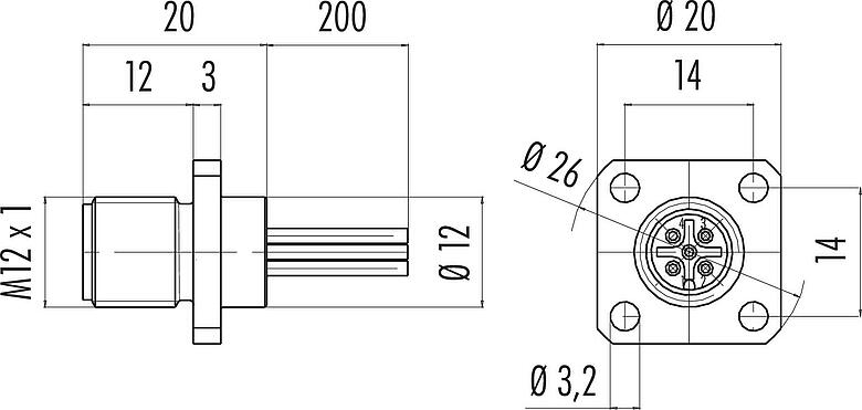 Scale drawing M12 Square male panel mount connector, Contacts: 12, unshielded, single wires, IP40, UL 2238, M3 (4x), Front mounting, potted