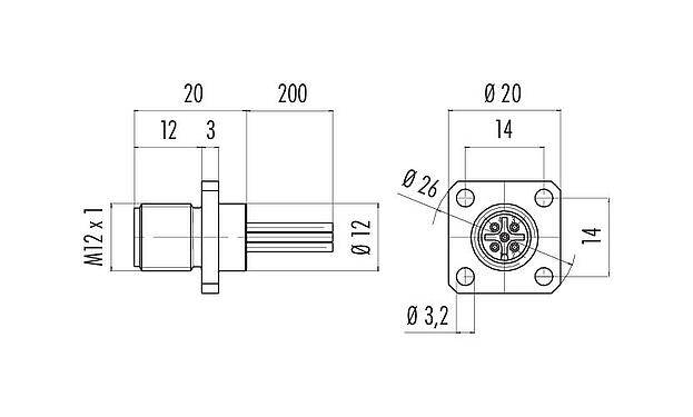 Dibujo a escala M12 Conector de montaje en panel macho cuadrado, Número de contactos: 12, sin blindaje, hilos, IP40, UL 2238, M3 (4x), Montaje frontal, moldeado