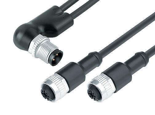 Ilustración 77 9827 3430 50003-0200 - M12 Conexión conector doble en ángulo - 2 conector de cable hembra M12x1, Número de contactos: 4/3, sin blindaje, moldeado en el cable, IP67, UL, PUR, negro, 3 x 0,34 mm², 2 m