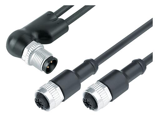 Illustration M12 Male angled cable splitter- 2 female cable connectors, Contacts: 4/3, unshielded, moulded on the cable, IP67, UL 2238, PUR, black, 3 x 0.34 mm², 1 m