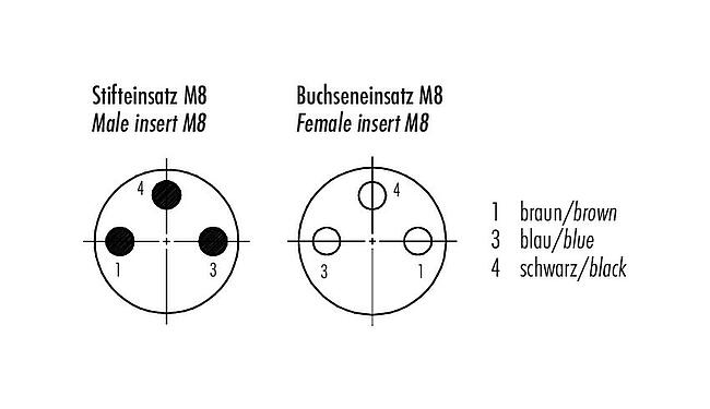 Disposition des contacts (Côté plug-in) M8 Câble de raccordement connecteur mâle - connecteur femelle coudé avec LED, Contacts: 3, non blindé, surmoulé sur le câble, IP67/IP69K, UL 2238, PUR, noir, 3 x 0,34 mm², avec LED, PNP, 2 m