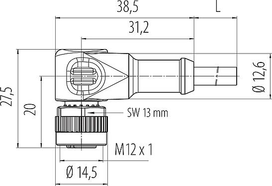 Scale drawing M12 Female angled connector, Contacts: 4, unshielded, moulded on the cable, IP68/IP69K, UL 2238, PUR, black, 4 x 0.34 mm², with LED PNP closer, 5 m