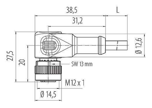 Dessin coté M12 Connecteur femelle coudé, Contacts: 4, non blindé, surmoulé sur le câble, IP68/IP69K, UL 2238, PUR, noir, 4 x 0,34 mm², avec LED, PNP, 2 m
