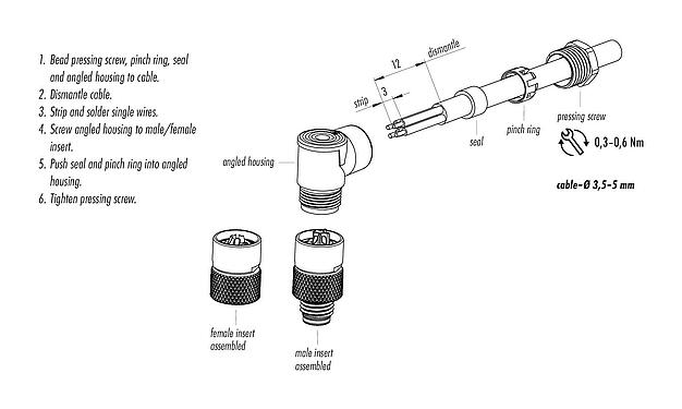 Assembly instructions M8 Female angled connector, Contacts: 4, 3.5-5.0 mm, unshielded, solder, IP67, UL 2238