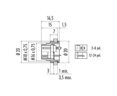 Scale drawing M16 Male panel mount connector, Contacts: 5 (05-a), unshielded, solder, IP67, UL 2238, M18x0,75, Rear mounting
